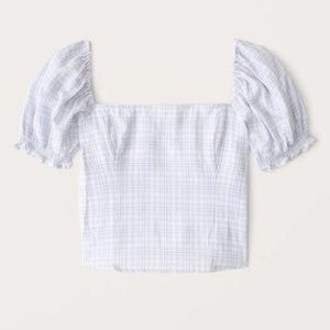 Abercrombie and Fitch Plaid Square Neck Puff Sleeve Crop Top White Blue XS